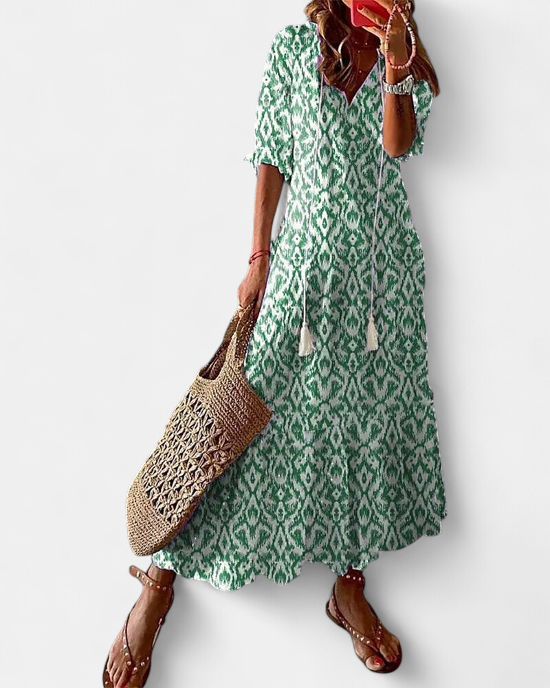 Women's Tiered Boho Maxi Dress, V Neck Puff Sleeves Tassel Ties