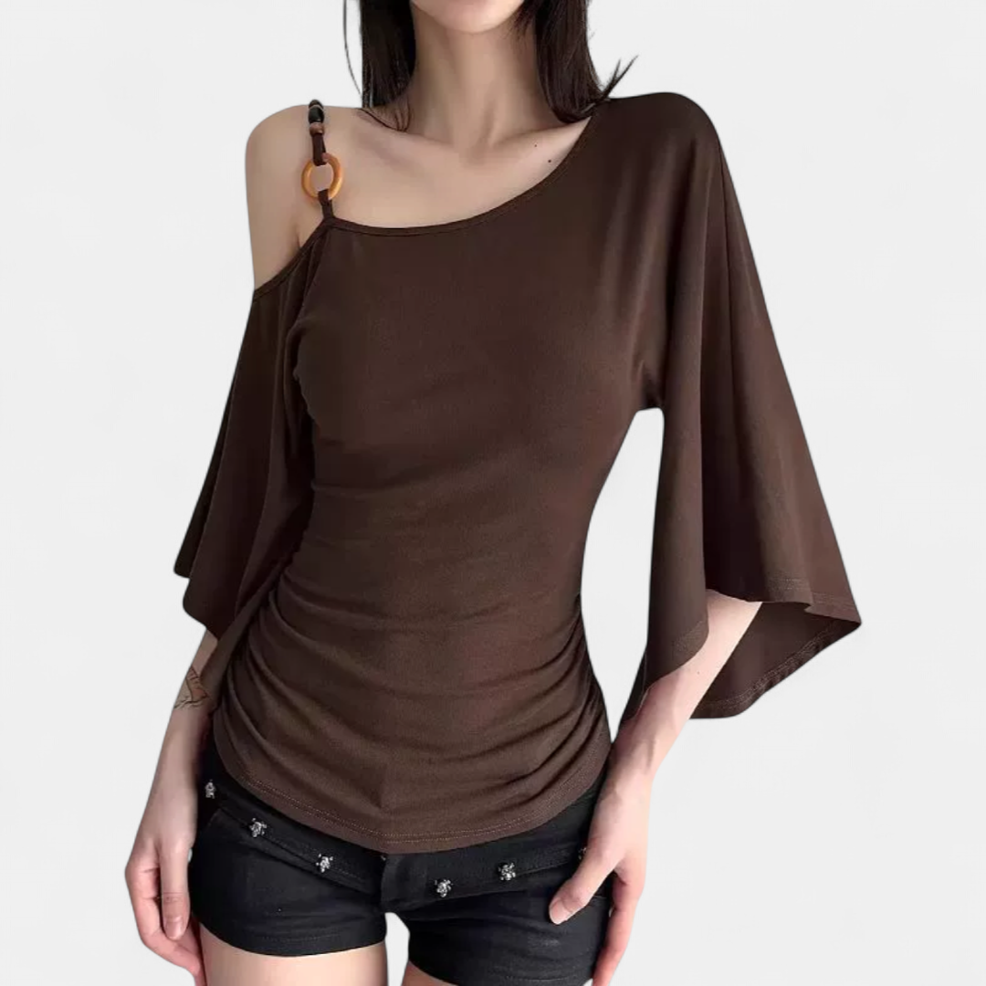 Women's Flutter Sleeve One Shoulder Top, Ruched Side Slim Fit