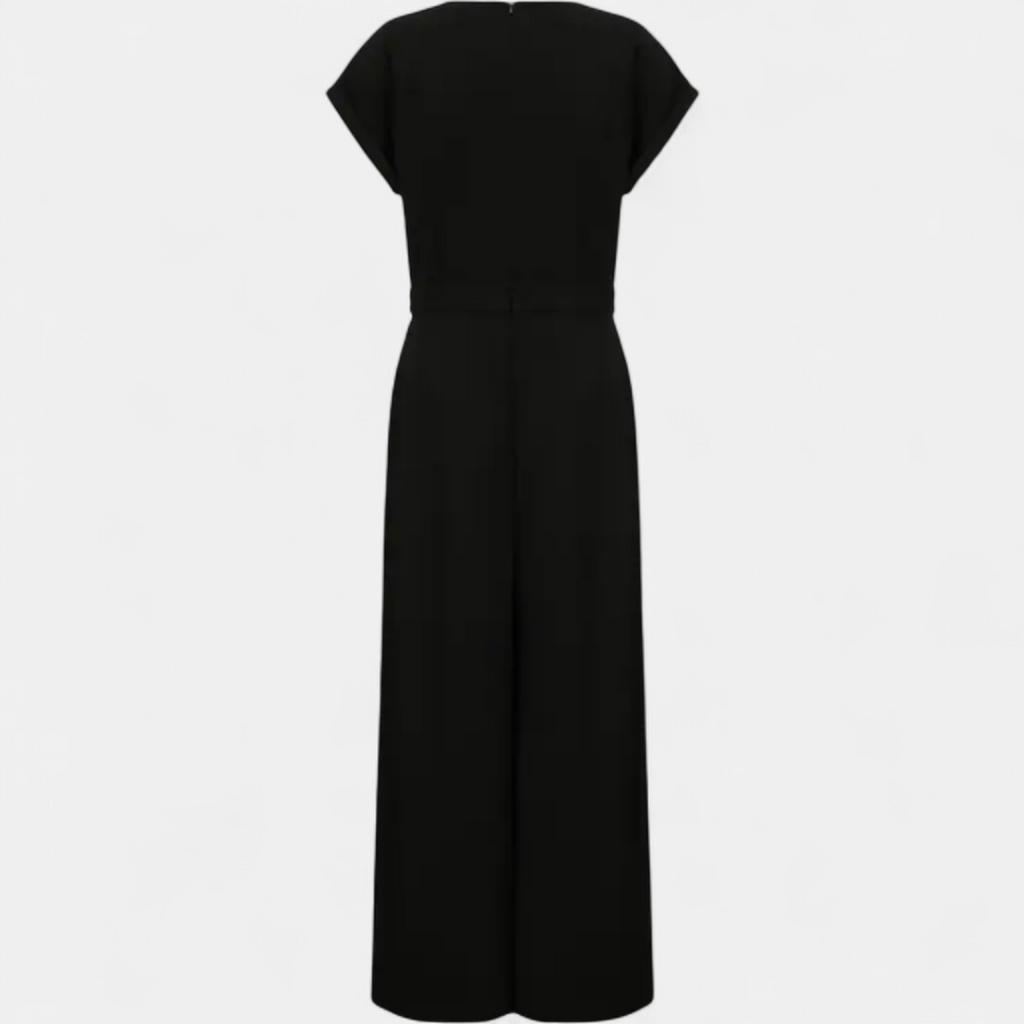 Women's Flared Wide Leg Jumpsuit, Cap Sleeve Notch Neck Button Waist