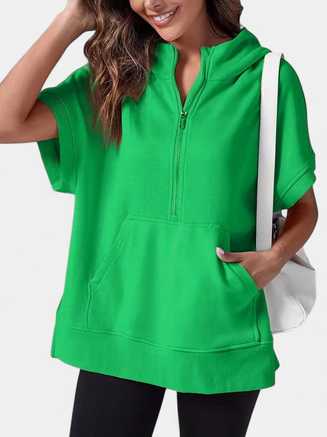 Women's Half Zip Short Sleeve Oversized Hoodie, Kangaroo Pocket