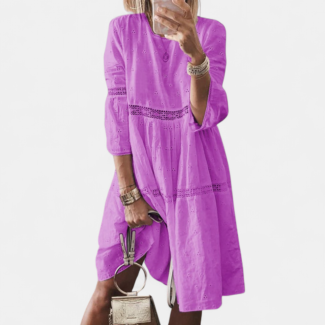 Women's Eyelet Lace Babydoll Dress, Tiered Swing Balloon Sleeves