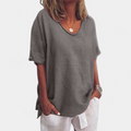 Women's Oversized Short Sleeve Blouse, Scoop Neck Cuffed Side Vents