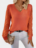 Women's Long Sleeve V Neck Sweater, Pointelle Sleeves Relaxed Fit