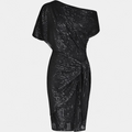 Women's One Shoulder Sequin Dress, Knot Waist Short Sleeves Draped