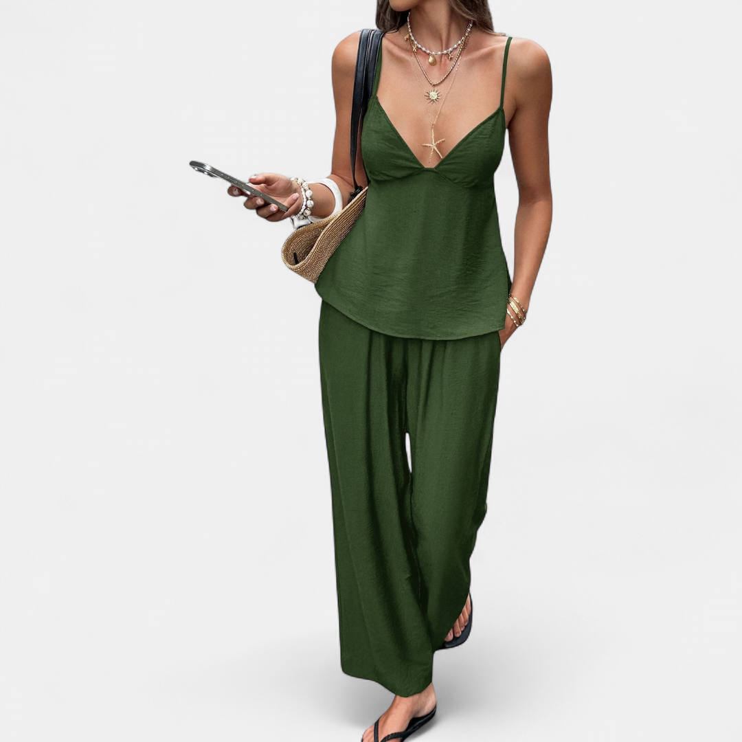 NOVA | Deep V Backless Crop Wide-Leg Two-Piece Set