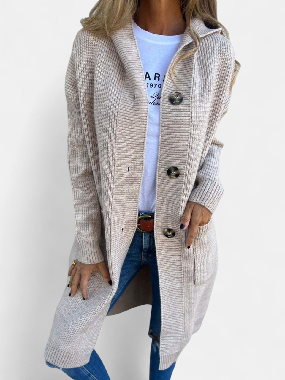 Women's Hooded Long Cardigan Sweater, Button Front Ribbed Pockets