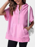 Women's Half Zip Short Sleeve Oversized Hoodie, Kangaroo Pocket
