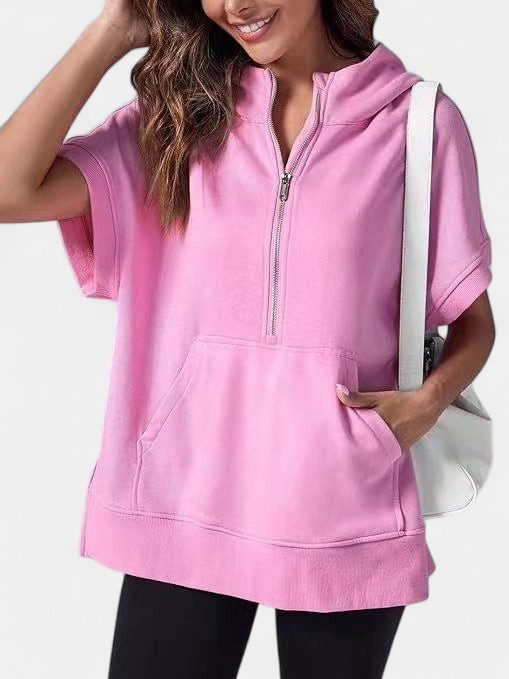 Women's Half Zip Short Sleeve Oversized Hoodie, Kangaroo Pocket