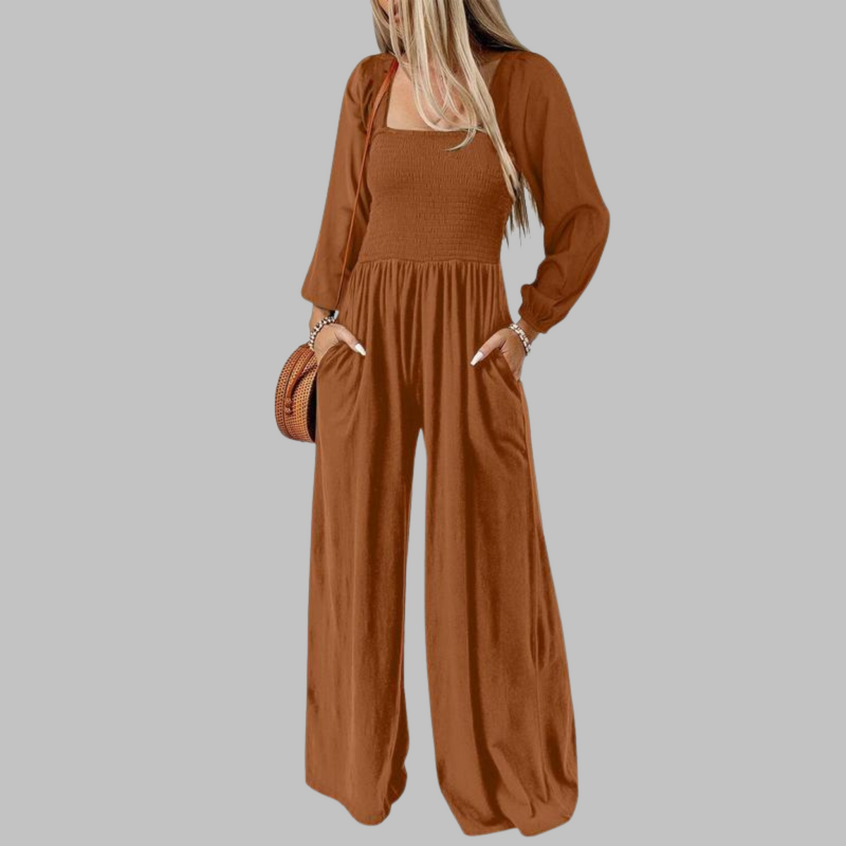 Women's Wide Leg Long Sleeve Jumpsuit, Smocked Square Neck Pockets