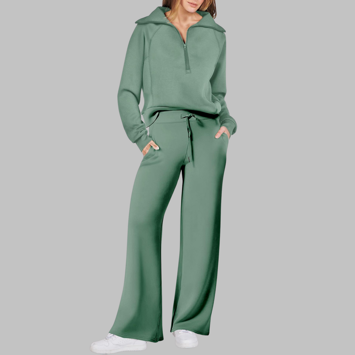 Women's Matching Two Piece Lounge Set, Half Zip Collar Wide Leg