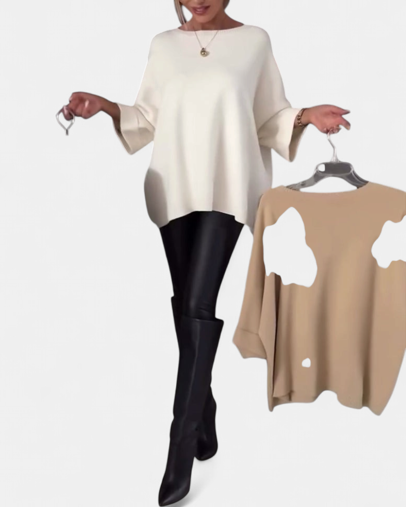 Women's Boat Neck Oversized Sweater, Button Cuffs Side Split Hem
