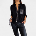 Women's Collared Button Down Long Sleeve Blouse, Sequin Trim Pocket