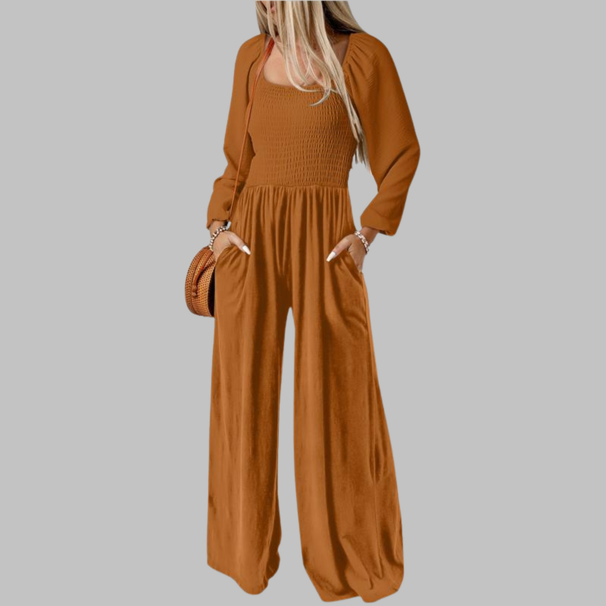 Women's Wide Leg Long Sleeve Jumpsuit, Smocked Square Neck Pockets