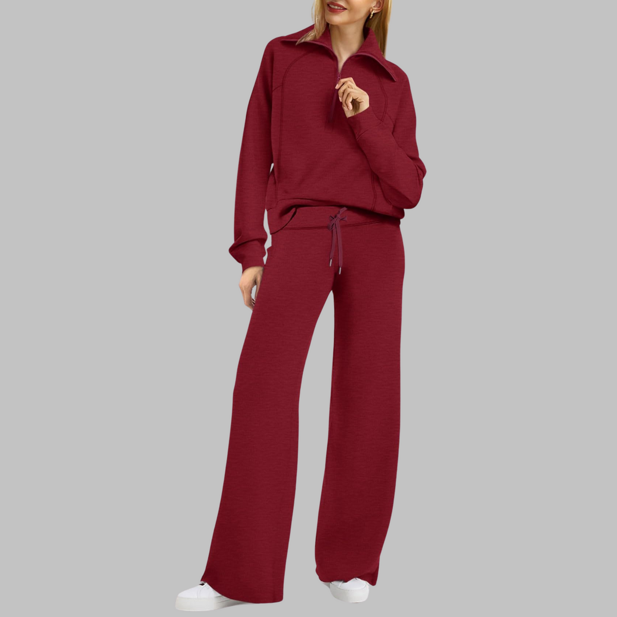 Women's Matching Two Piece Lounge Set, Half Zip Collar Wide Leg