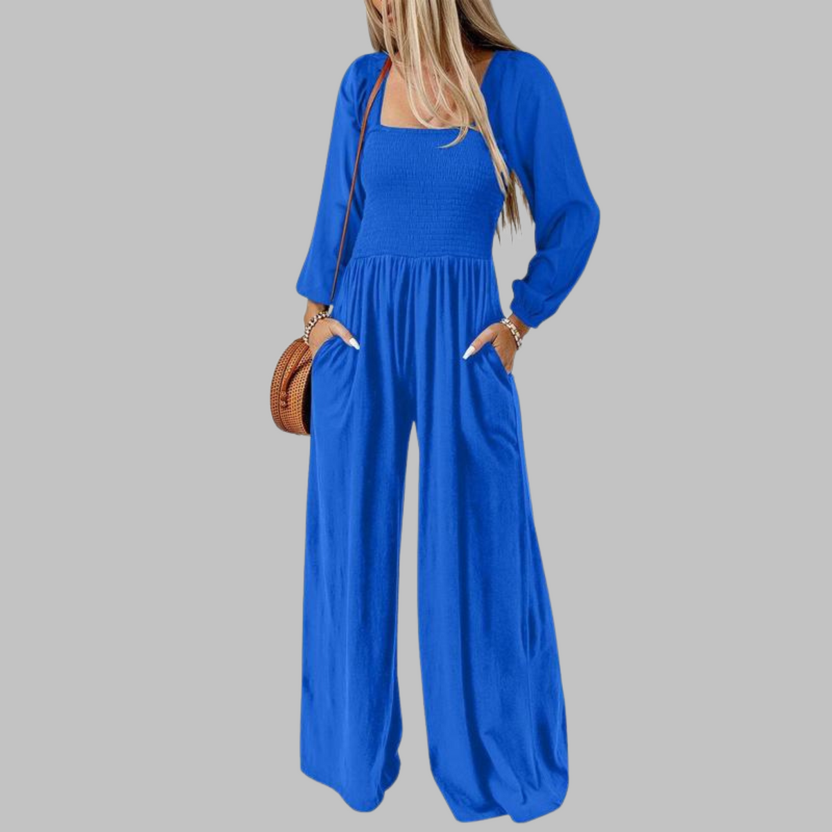 Women's Wide Leg Long Sleeve Jumpsuit, Smocked Square Neck Pockets
