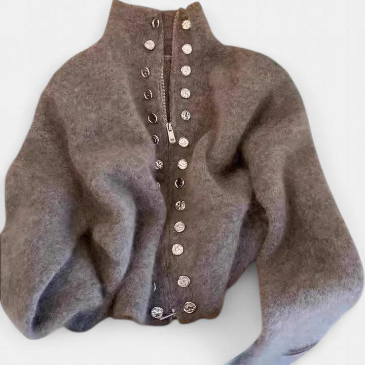 MILANA | Stylish Knitted High Neck Cardigan with Faux Button Accents