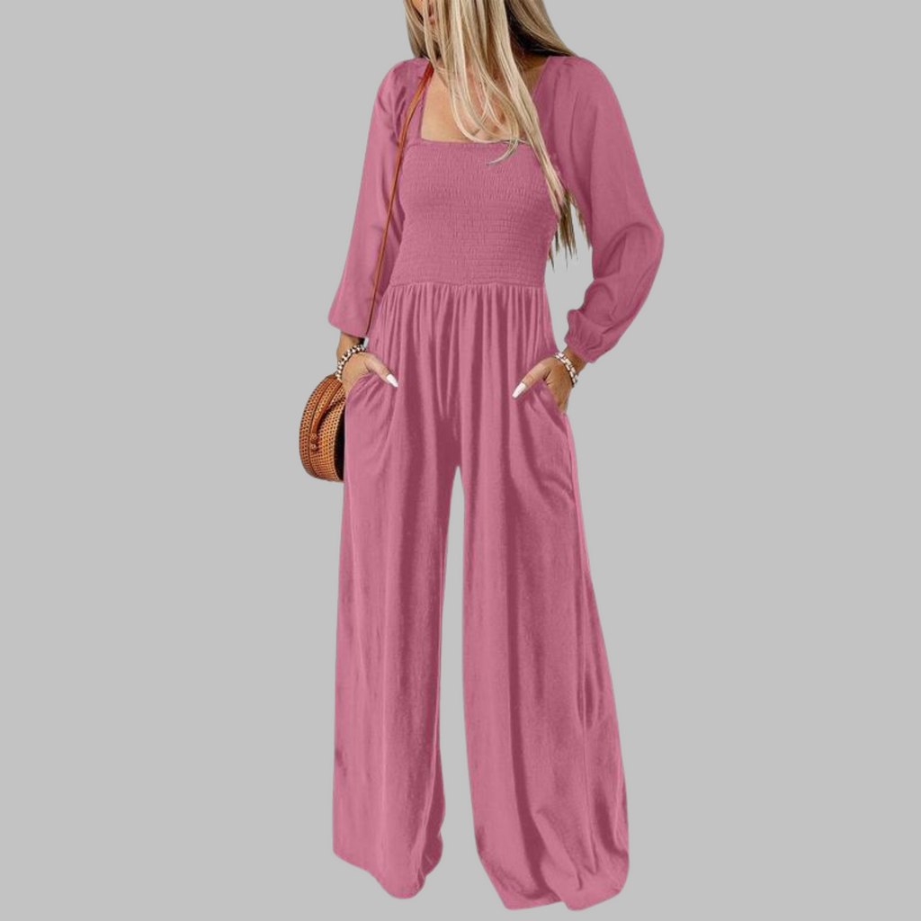 Women's Wide Leg Long Sleeve Jumpsuit, Smocked Square Neck Pockets