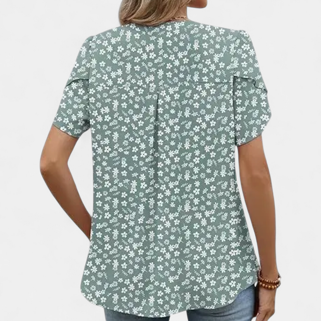 Women's V Neck Short Sleeve Ruffle Blouse, Flutter Cuffs Hi Low
