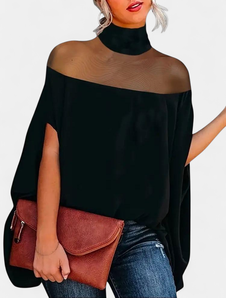 Women's Batwing High Neck Chiffon Blouse, Mesh Yoke Draped Hem