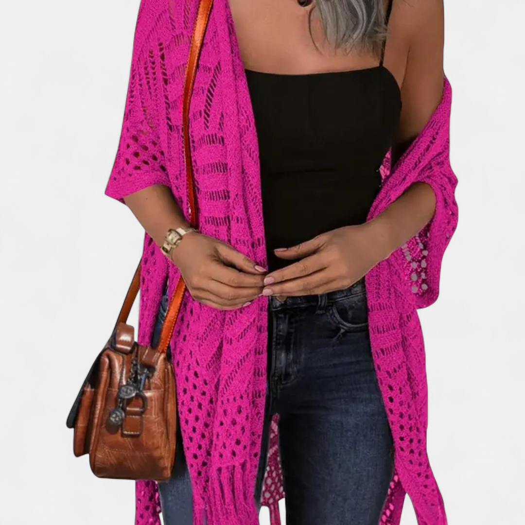 Women's Long Crochet Cardigan Sweater, Open Front Tassel Hem