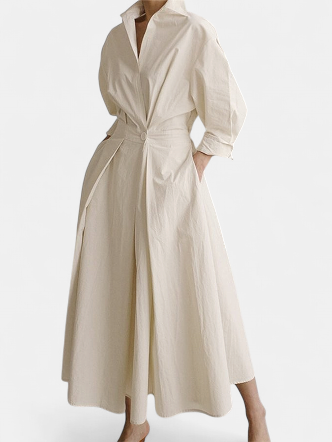 Women's Pleated Shirt Maxi Dress, Collared Long Sleeves Pockets