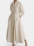 Women's Pleated Shirt Maxi Dress, Collared Long Sleeves Pockets