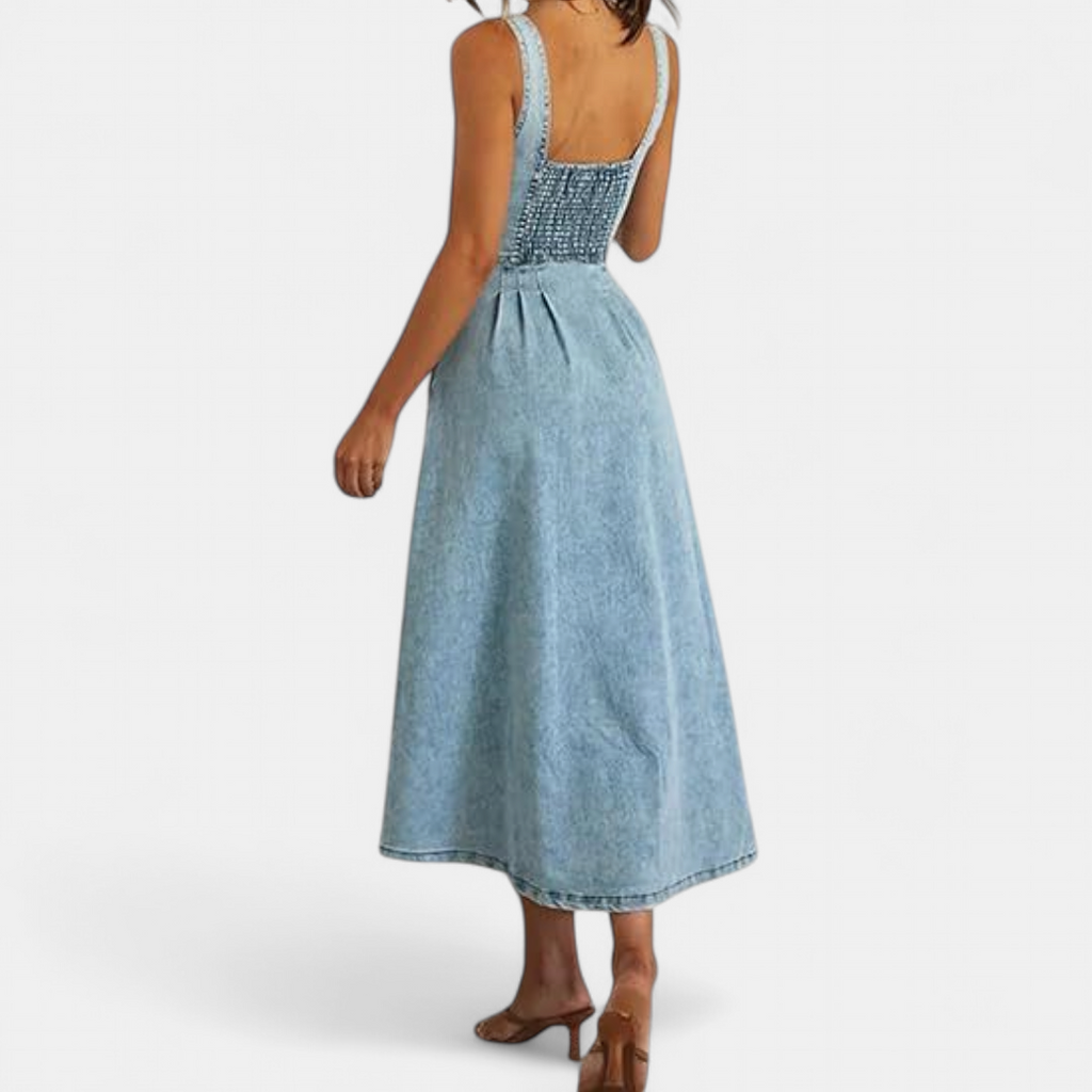 Women's A Line Denim Midi Dress, Button Front Pockets Sleeveless