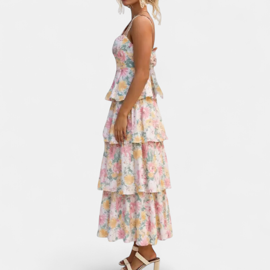 ISOLDE | Floral Spaghetti Strap Tiered Maxi Dress