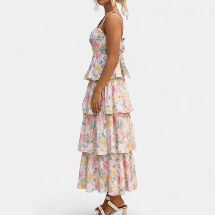 ISOLDE | Floral Spaghetti Strap Tiered Maxi Dress