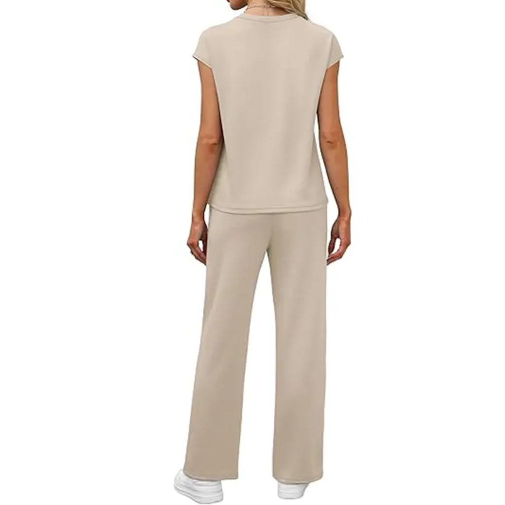 Women's Wide Leg Two Piece Lounge Set, Cap Sleeve Chest Pocket