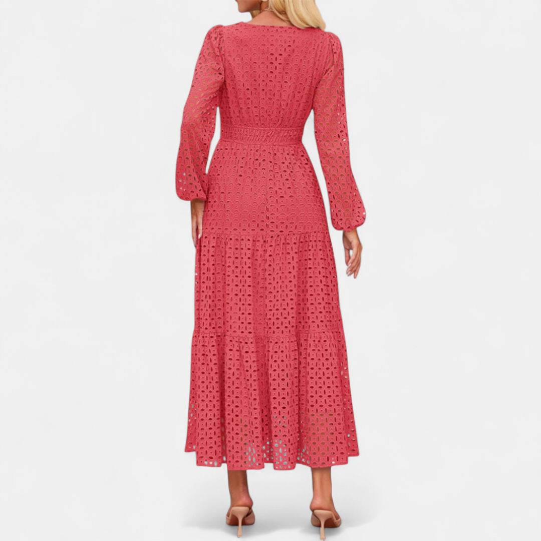 Women's Eyelet Long Sleeve Maxi Dress, V Neck Smocked Waist Tiered