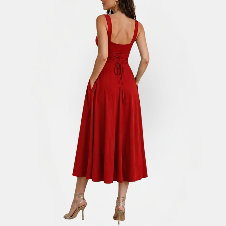 Women's Square Neck Pocket A Line Midi Dress with Back Tie