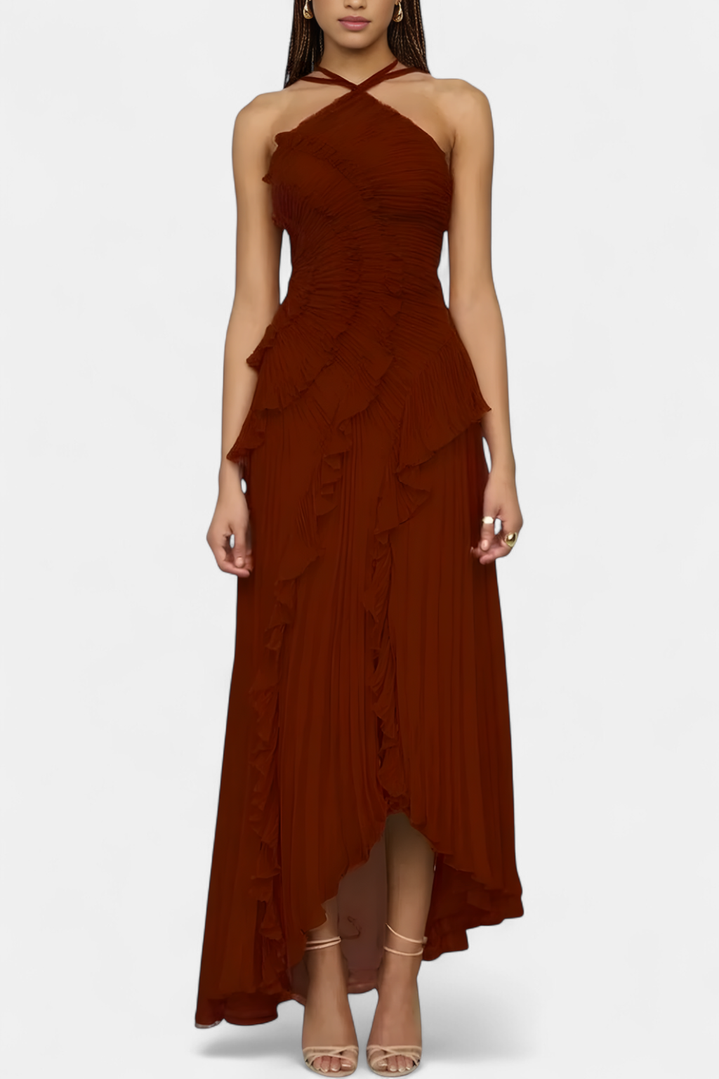 Women's Pleated Halter Maxi Dress, Ruffle Trim High Low Hem