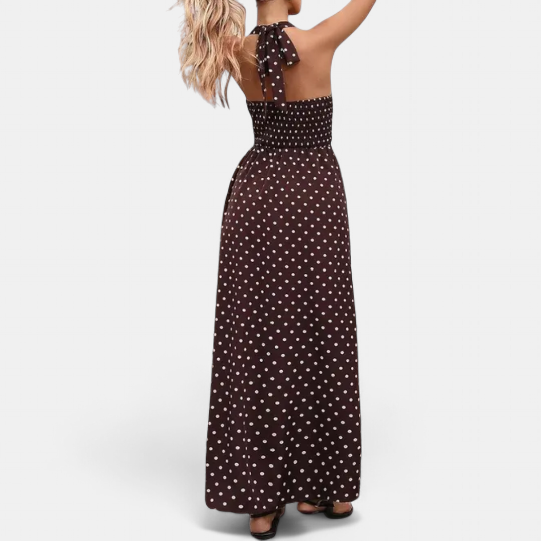 Women's Halter Polka Dot Maxi Dress, Deep V Neck Ruched Backless
