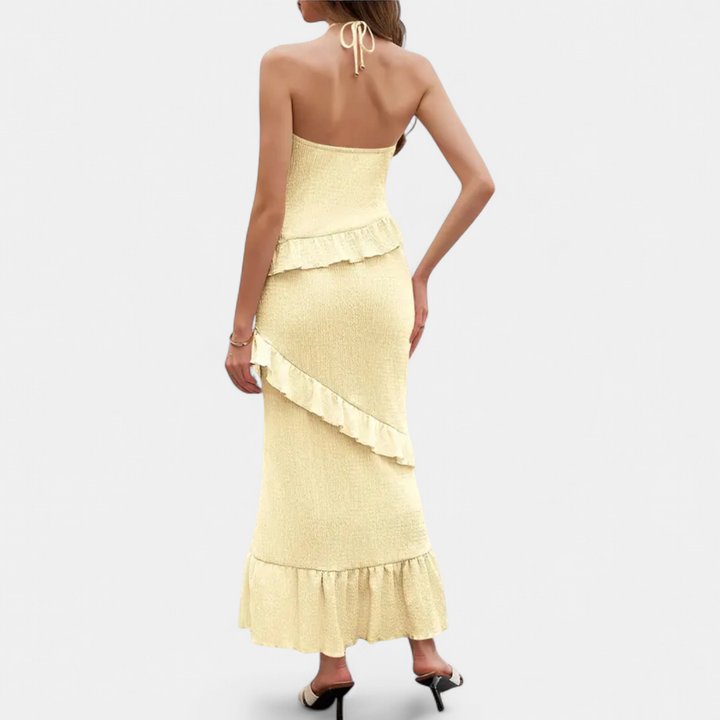 NICOLETTE | Deep V Halter Ruffle Maxi Dress