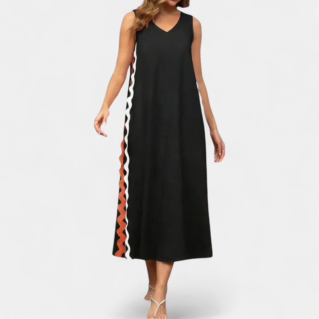Women's Sleeveless V Neck Maxi Dress, Ricrac Trim Pockets Side Slit