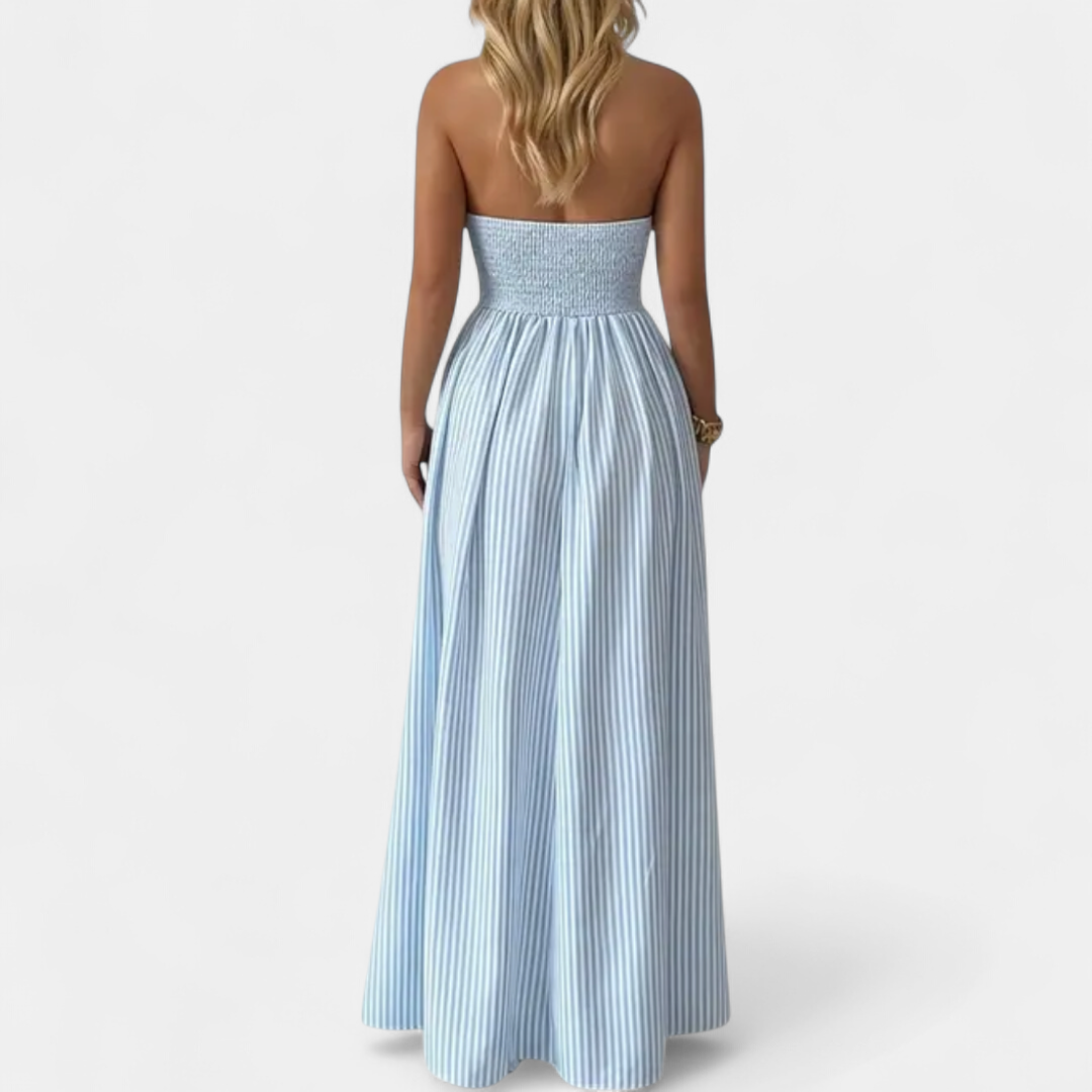 Women's Striped Halter Maxi Dress, Deep V Neck Contrast Trim Waist