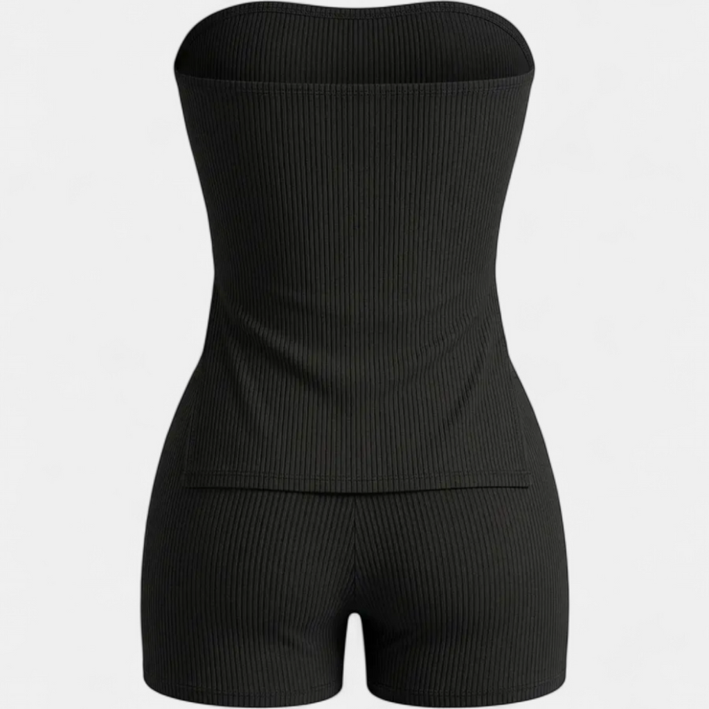 Women's Ribbed Knit Matching Set, Strapless Bodycon Side Slit