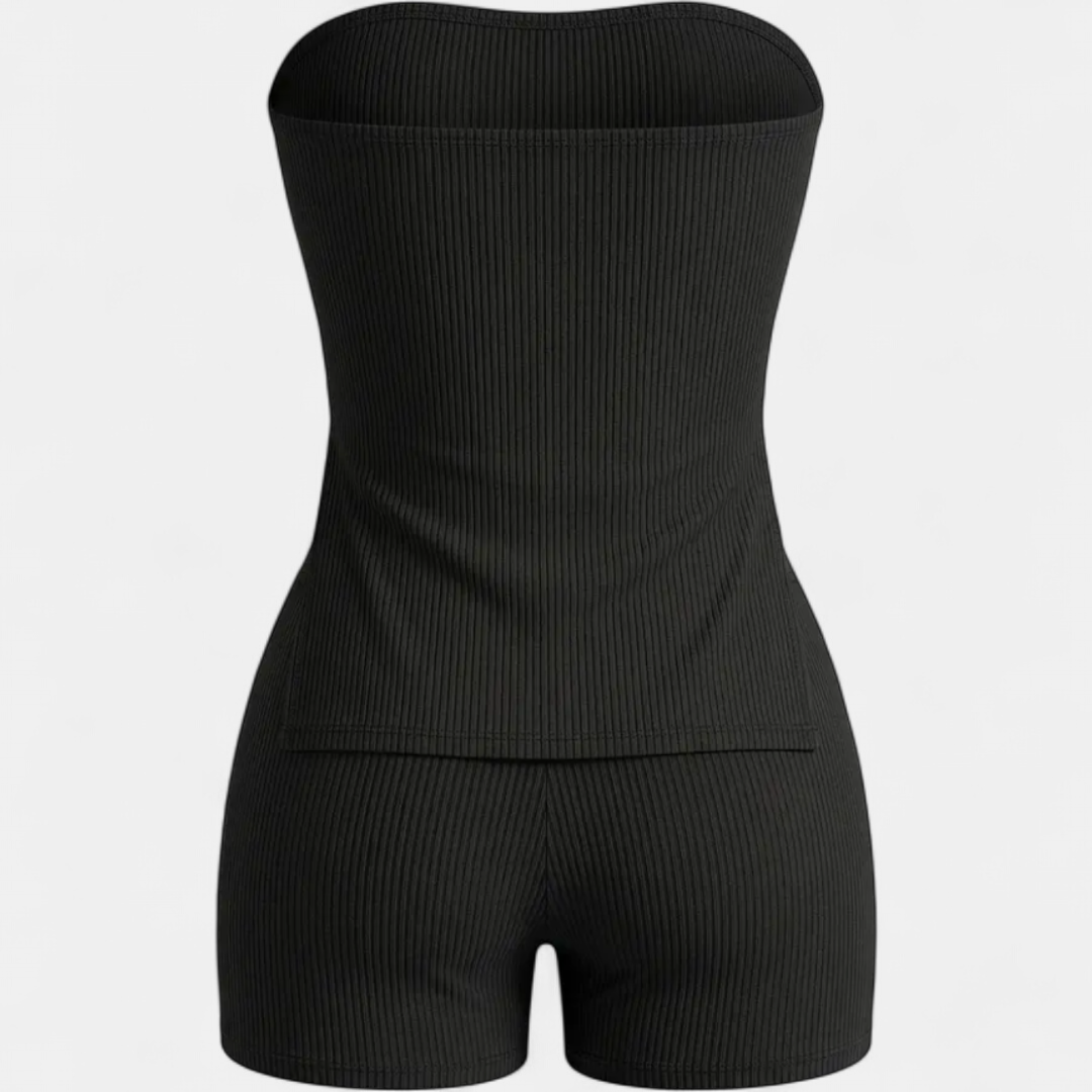 Women's Ribbed Knit Matching Set, Strapless Bodycon Side Slit