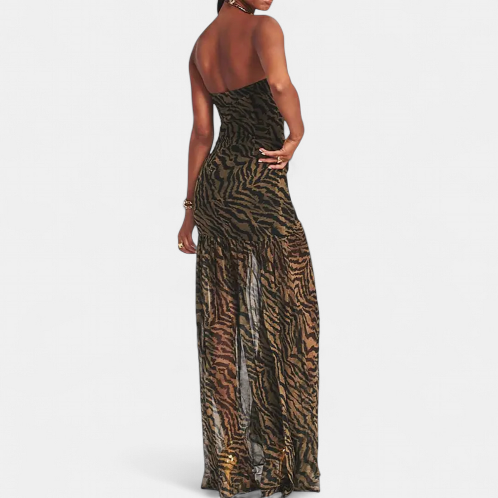 Women's Chiffon Strapless Maxi Dress, Tiger Print High Front Slit