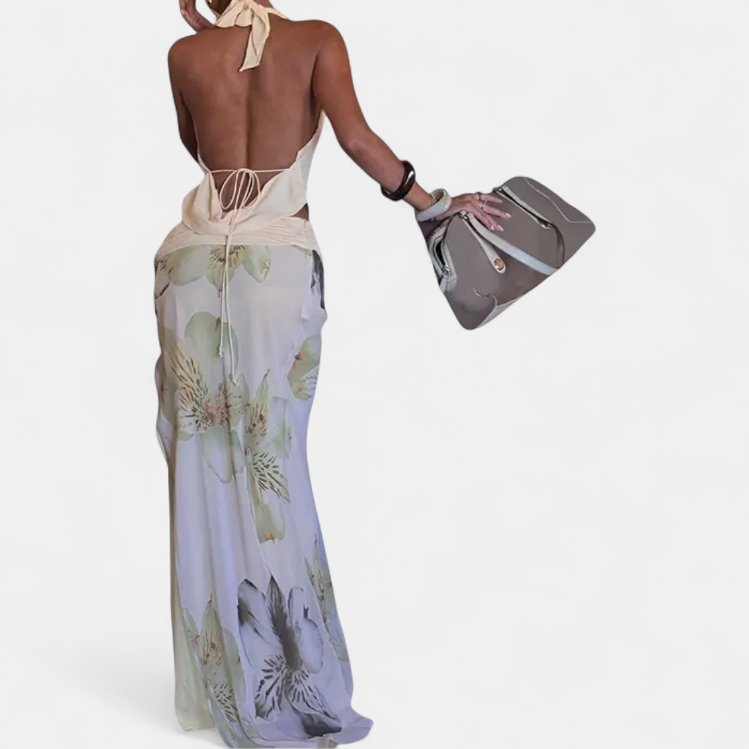 Women's Floral Matching Set, Cowl Neck Halter Backless Side Slit