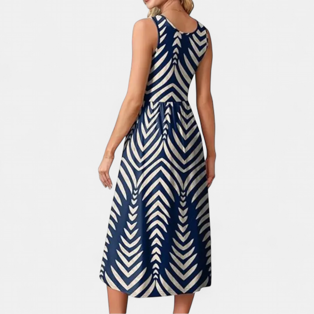 Women's Printed Sleeveless Midi Dress, Round Neck Side Pockets