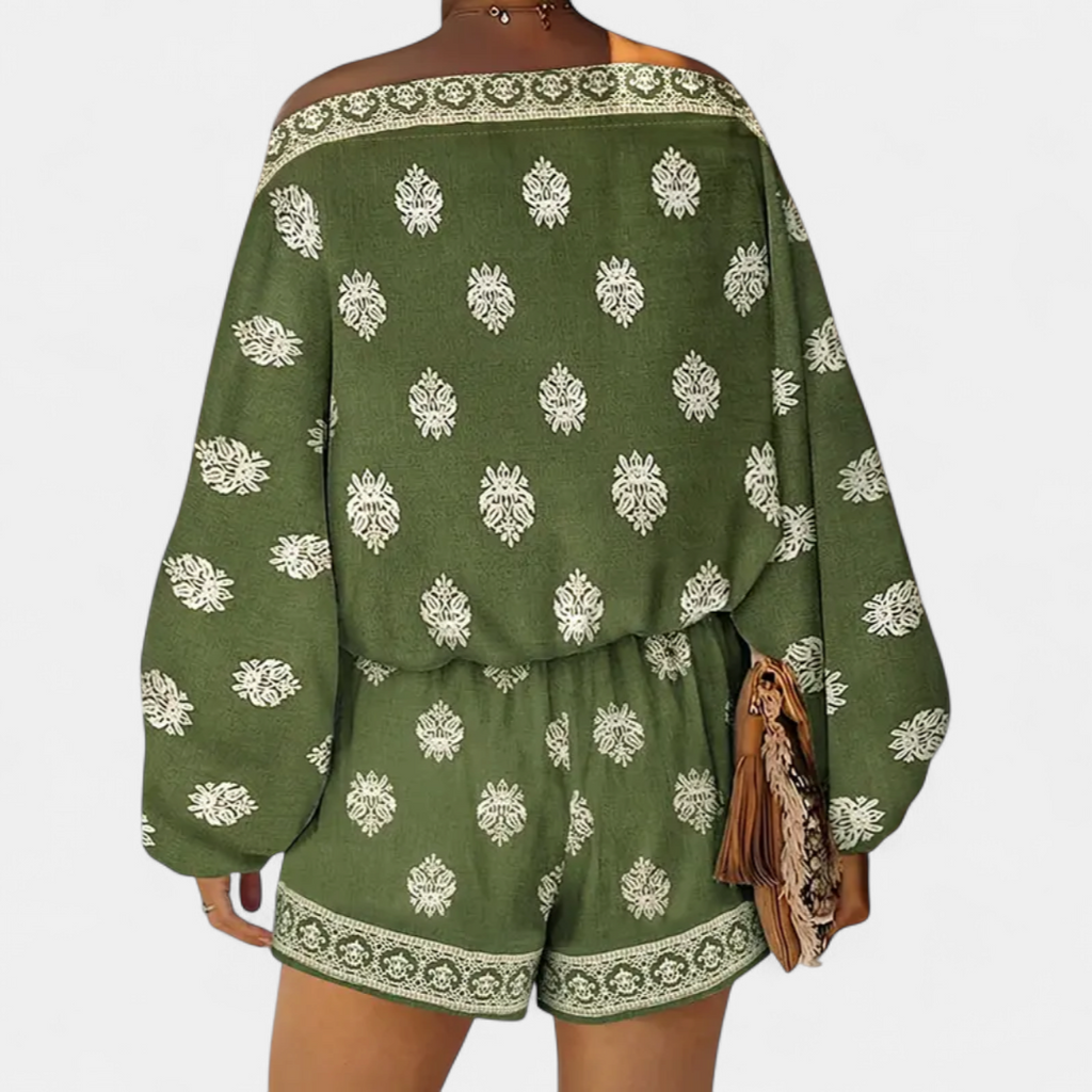 Women's Boho Matching Set, Off Shoulder Lantern Sleeve Block Print