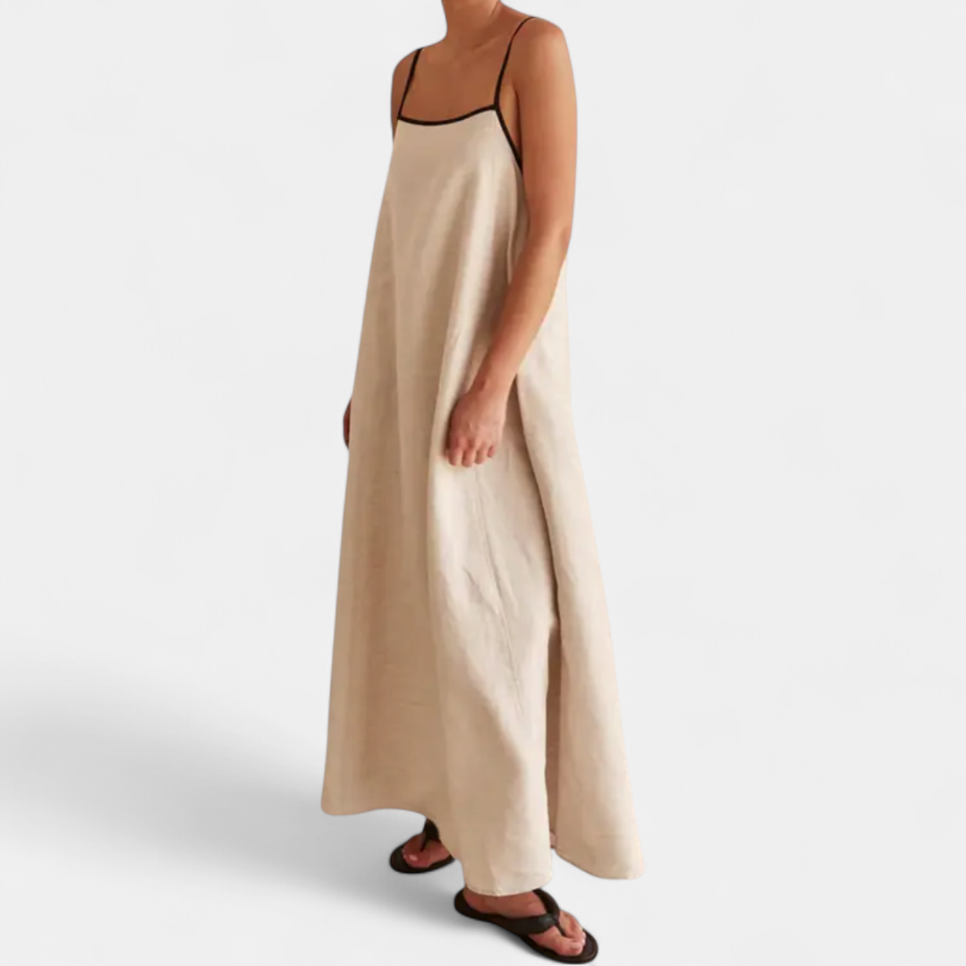Women's Linen A Line Maxi Dress, Sleeveless Contrast Trim Scoop Back
