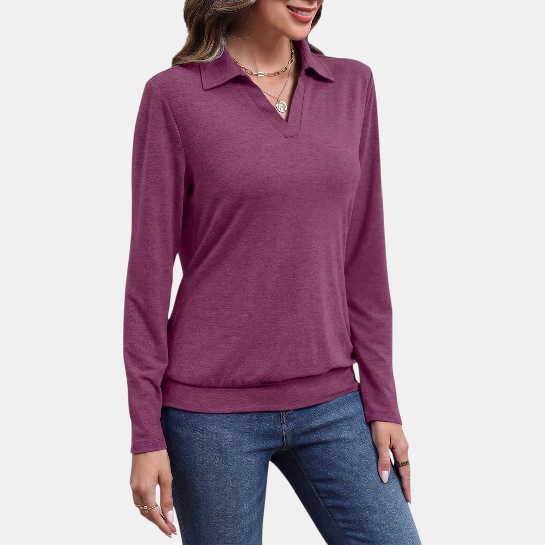 Women's Relaxed Polo Collar V-Neck Pullover Sweatshirt