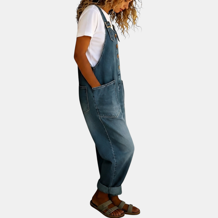 Women's Washed Wide Leg Bib Overall Denim Jumpsuit