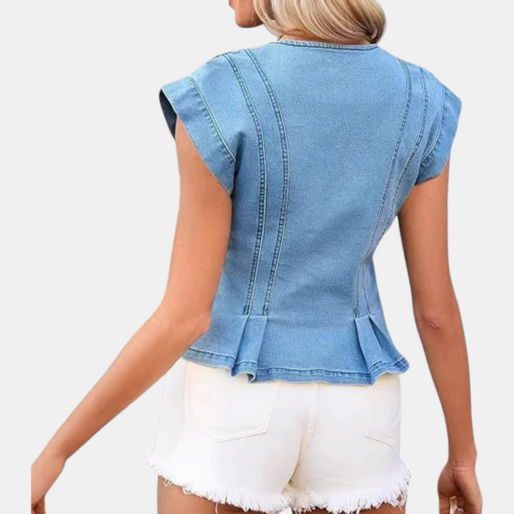 Women's Denim Vest Button Front Pleated Peplum Sleeveless Top