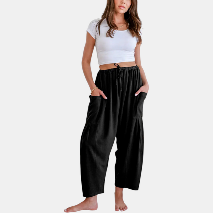 Women's Linen Pants Wide Leg Drawstring Waist Beach Palazzo Pants with Pockets