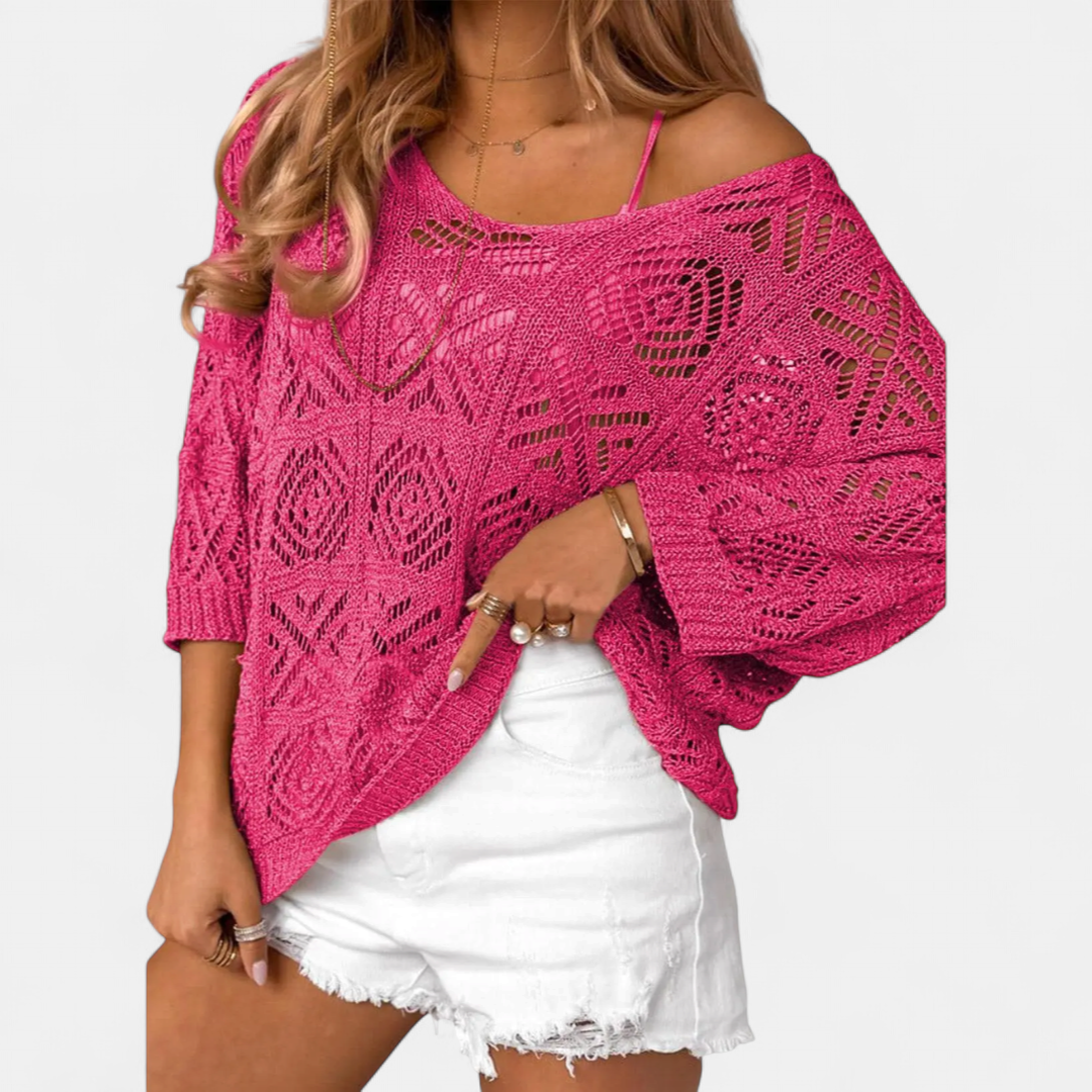 Women's Knit Off The Shoulder Sweater, Batwing Sleeve Openwork