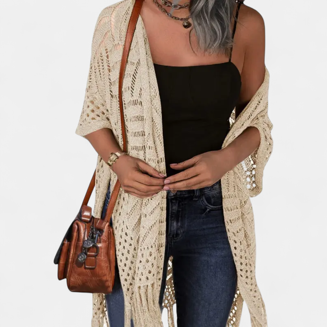 Women's Long Crochet Cardigan Sweater, Open Front Tassel Hem